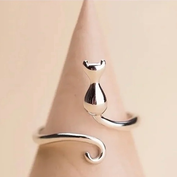 Silver Cat Kitty Cuff Ring - Picture 2 of 3
